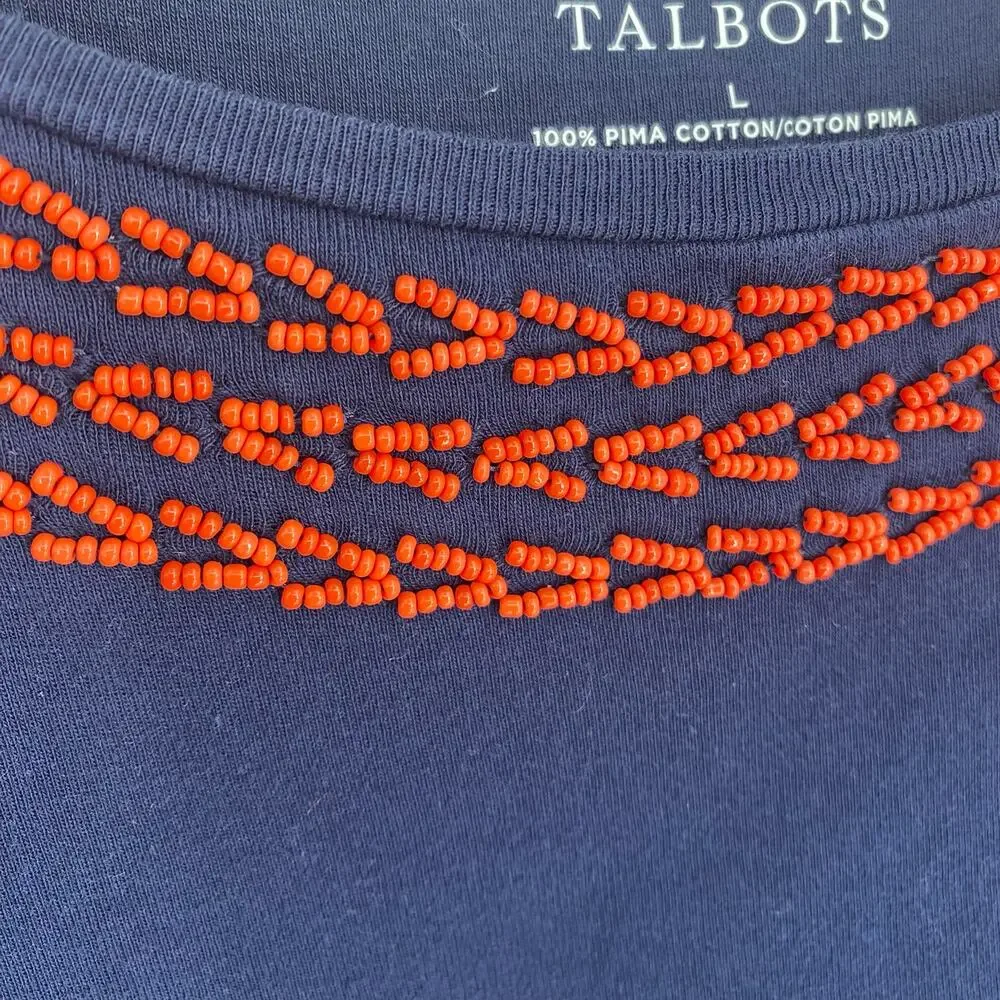 Talbots Top Women’s Large Navy Orange Beading Nautical Coastal Pima Cotton - Picture 4 of 7